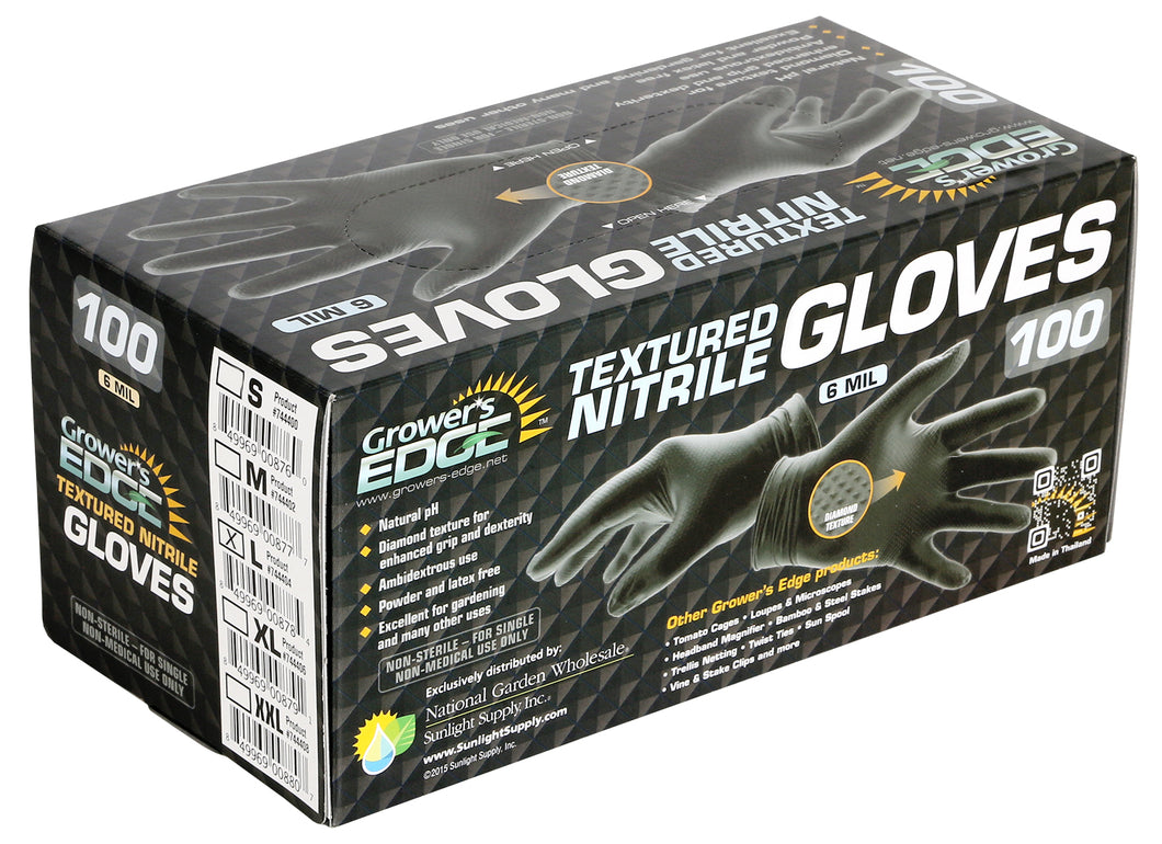 Grower's Edge Black Powder Free Diamond Textured Nitrile Gloves 6 mil - Large (100/Box)